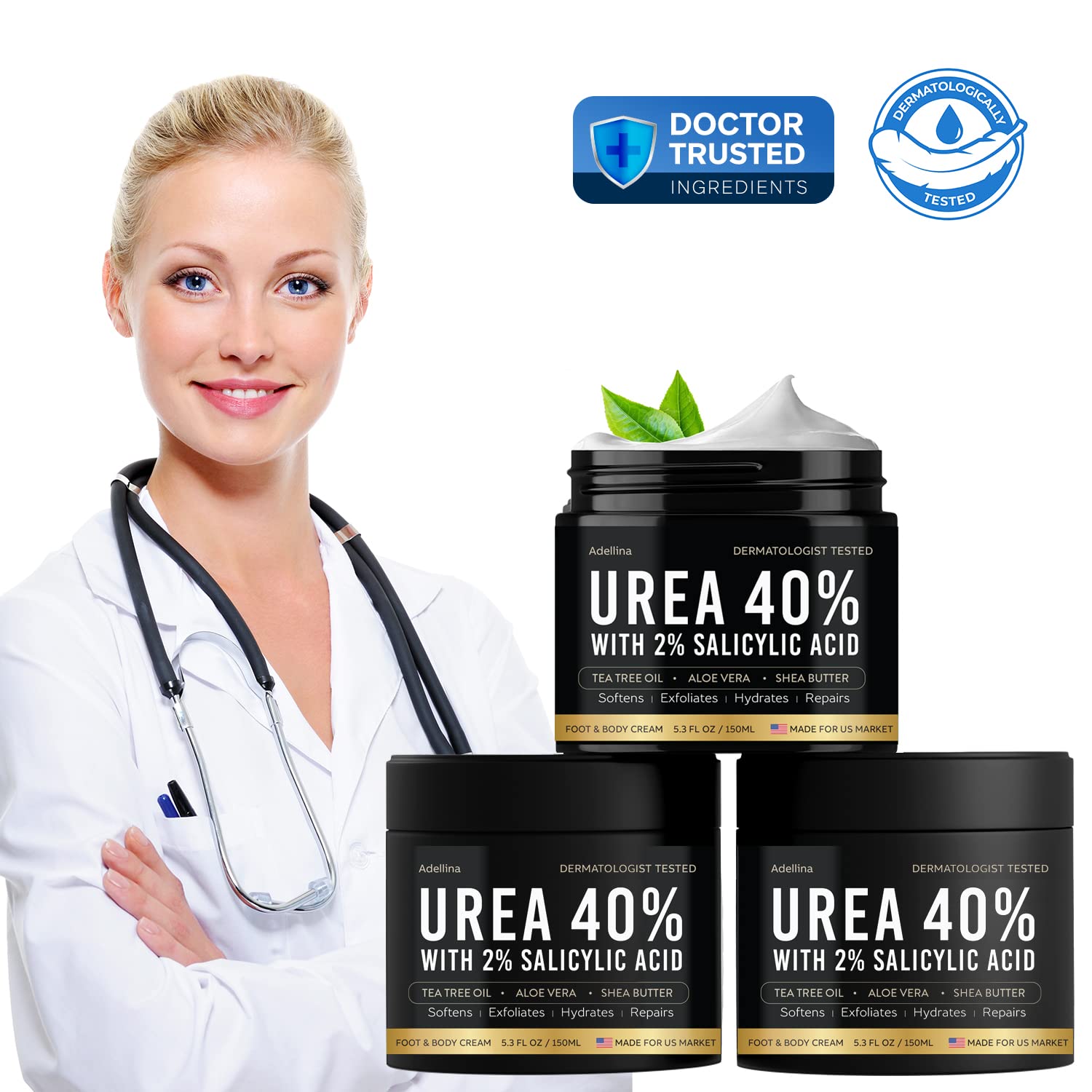 Adellina Urea Cream 40 Percent for Feet Maximum Strength, Urea Foot Cream for Dry Cracked Heels Feet Knees Elbows, 40% Urea Foot Repair Lotion 5.3 OZ