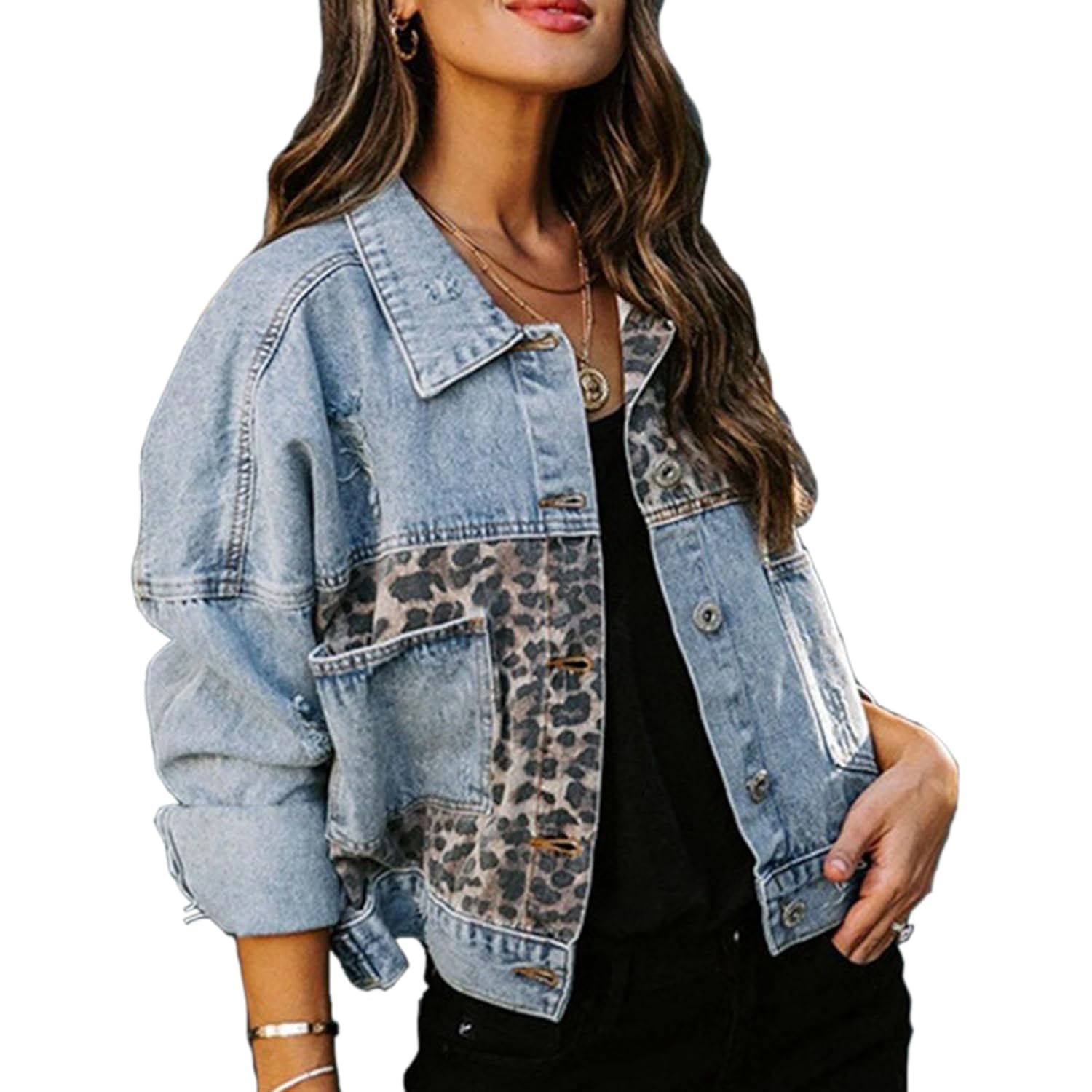 Rintonix Womens Button Down Distressed Leopard Denim Jean Jacket Washed Long Sleeve Ripped Cheetah Jean Coat
