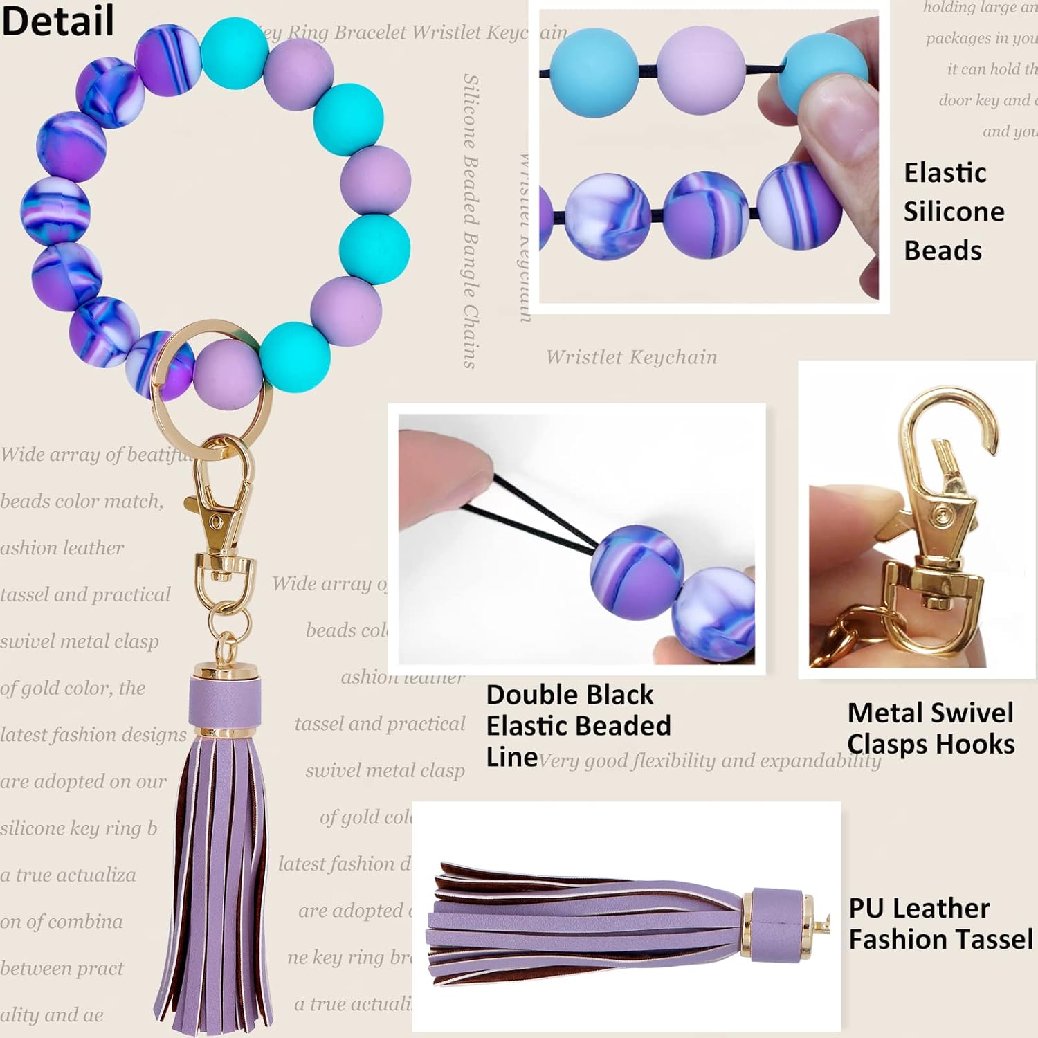 BIHRTC Key Ring Bracelet Car Keychain Holder Wristlet Silicone Women Beaded Bangle Chains