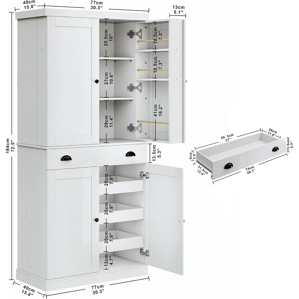 Ironck 72" Kitchen Pantry Cabinet With Drawer And Sliding Racks, White | White Wood Pantry Cabinet. 6 Door Shelves. 3 Sliding Racks. For Kitchen, Dining Room, Or Hallway.