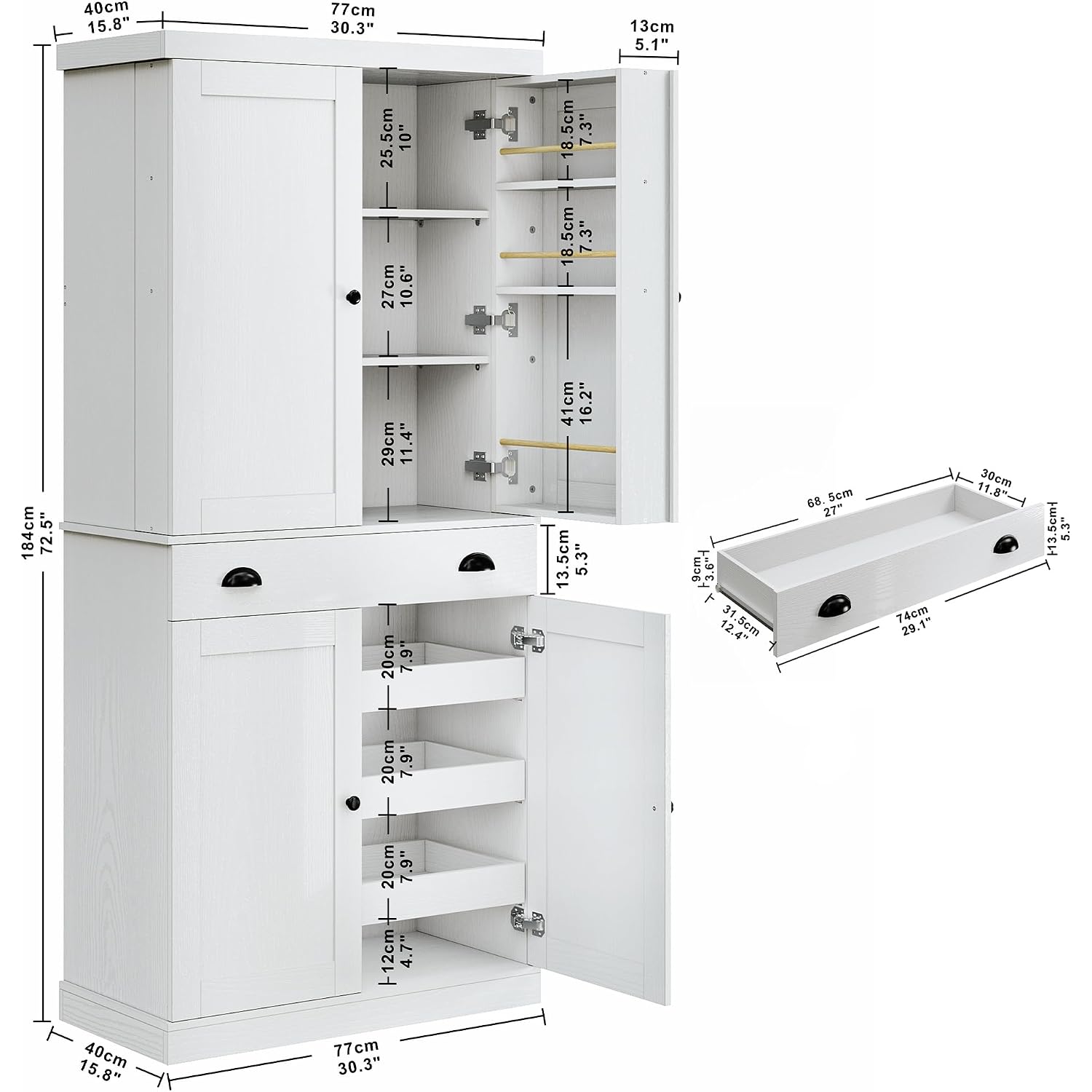 Ironck 72" Kitchen Pantry Cabinet With Drawer And Sliding Racks, White | White Wood Pantry Cabinet. 6 Door Shelves. 3 Sliding Racks. For Kitchen, Dining Room, Or Hallway.