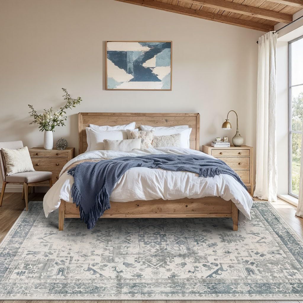 Rugxara Area Rugs 5x7, Washable Rugs for Living Room, Vintage Boho Light Blue Rug for Office, Dining Room, home decorKids Room and Farmhouse,Home Decor Durable Low Pile Non-Slip for High Traffic Areas