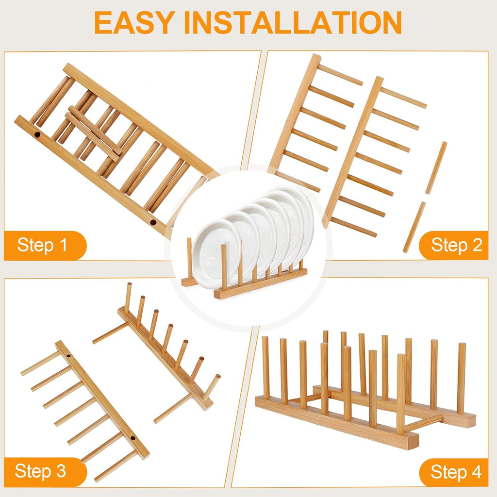 Bamboo Wooden Dish Racks Plate Stand Holder Vertical Drainer Kitchen Cabinet Organizer For Dish, Pots, Lids, Bowls, Cups, And Cutting Boards And Books(2 Packs)
