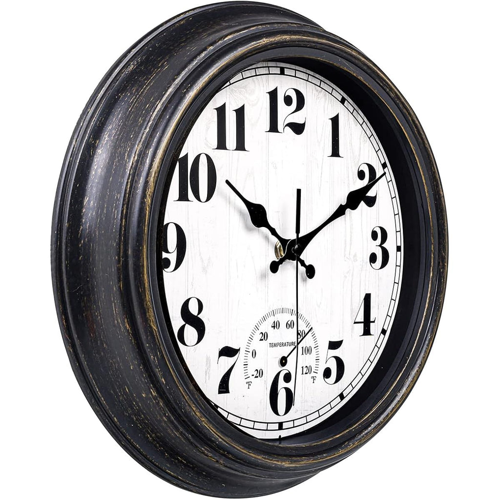 45Minst 12 Inch Indoor/Outdoor Retro Round Waterproof Wall Clock With Thermometer, Silent Non Ticking Battery Operated Quality Quartz Wall Clock Home/Patio Decor(Black Gold)