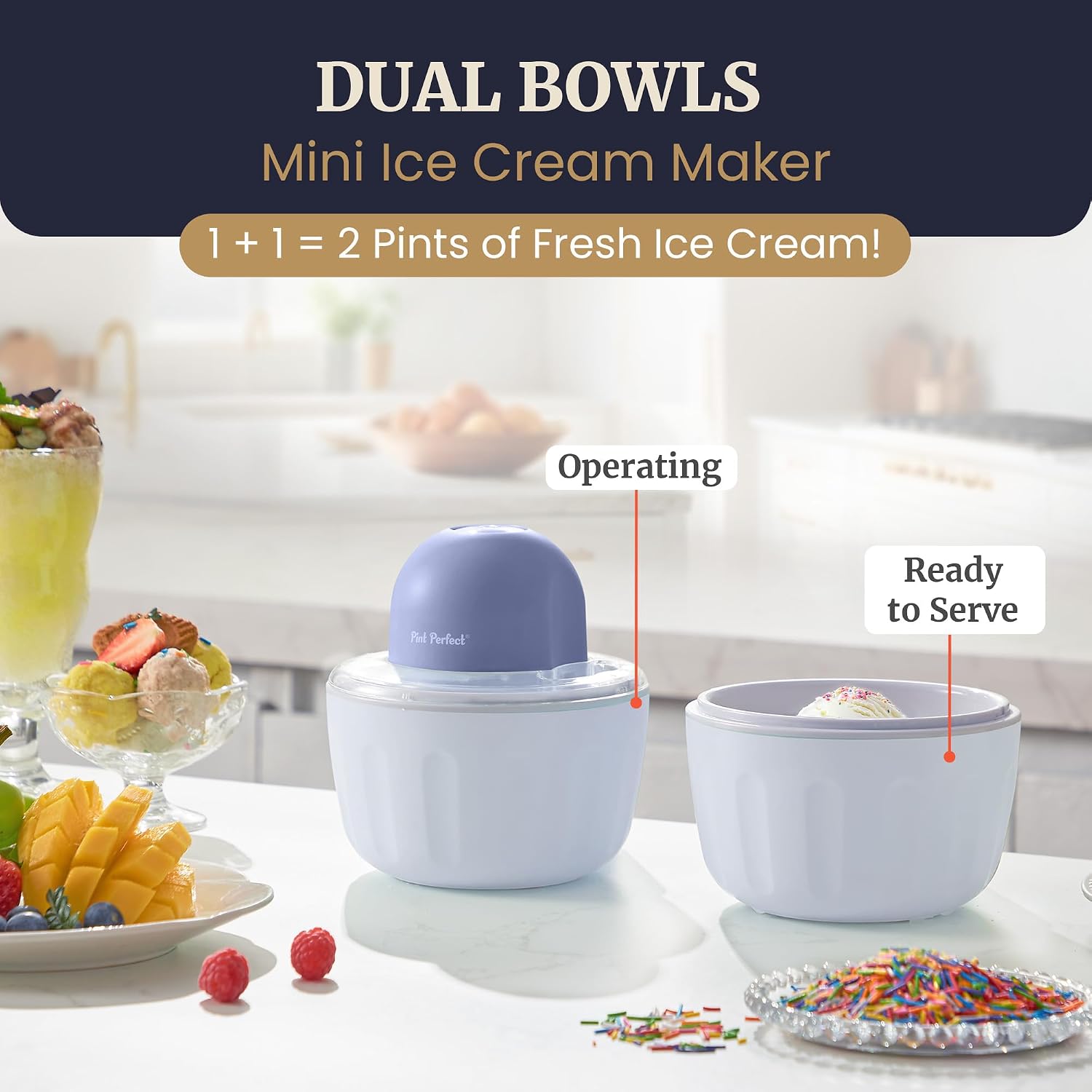 Americana By Elite Pint Perfect™ Eim1205Db Ice Cream Maker, 2 X 1 Pint Capacity Dual Freezing Mugs, Frozen Yogurt, Sorbet, Gelato, Recipes, Periwinkle