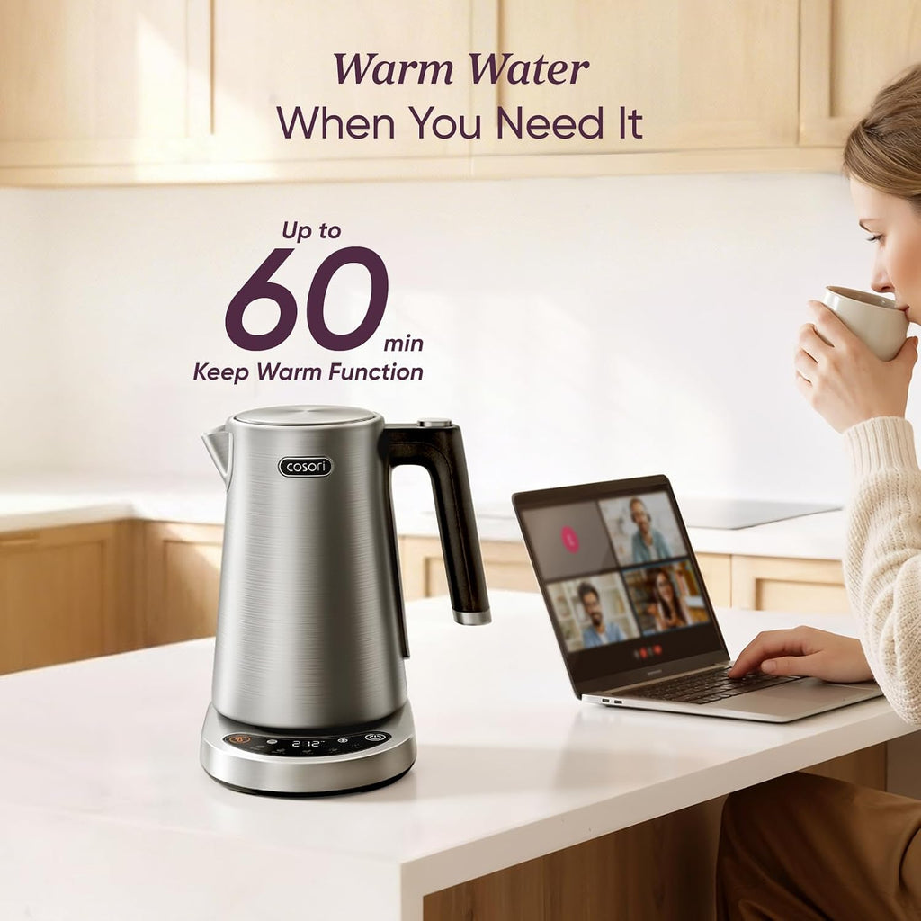 Cosori Stainless Steel Electric Kettle With Temperature Control, 1.7L | No Plastic Contact With Water, 5 Presets, ±5°F Temp Control, 60-Min Keep Warm, Dual Lid Opening, Tea, Coffee & Hot Water