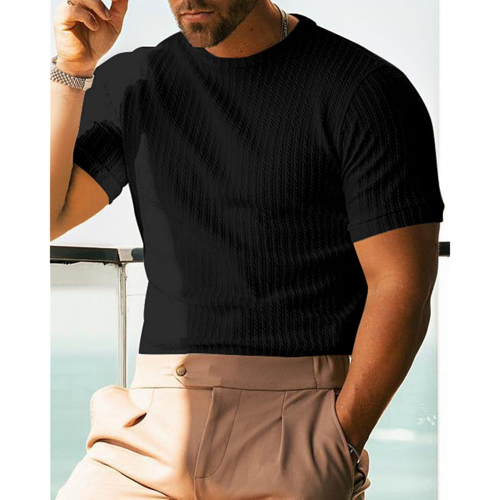 Men'S Ribbed Knit T-Shirts Short Sleeve Casual Crewneck Slim Fit Textured Pullover Tees