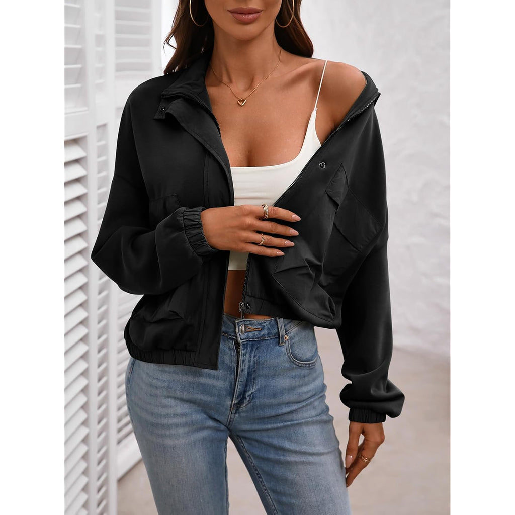 Women'S Cropped Oversized Safari Jackets Zip Up Stand Collar Neck Long Sleeve Utility Anorak Jacket With Pocket