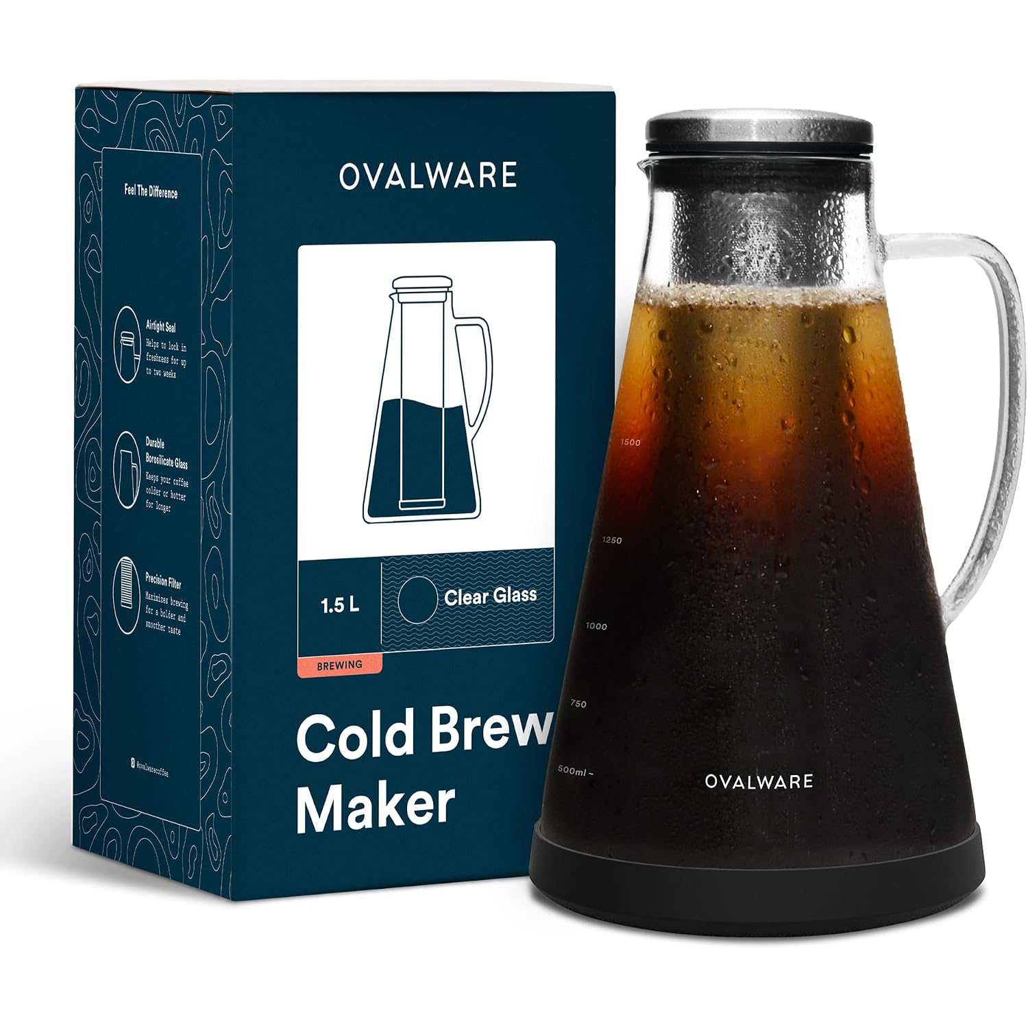 Ovalware Airtight Cold Brew Iced Coffee Maker Pitcher (& Iced Tea Maker) With Spout – 1.5L/ 51Oz Brewing Glass Carafe With Removable Stainless Steel Filter