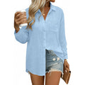 Womens Button Down Shirts Linen Cotton Long Sleeve Blouses Casual Collared Loose Fit Gauze Tops with Pocket