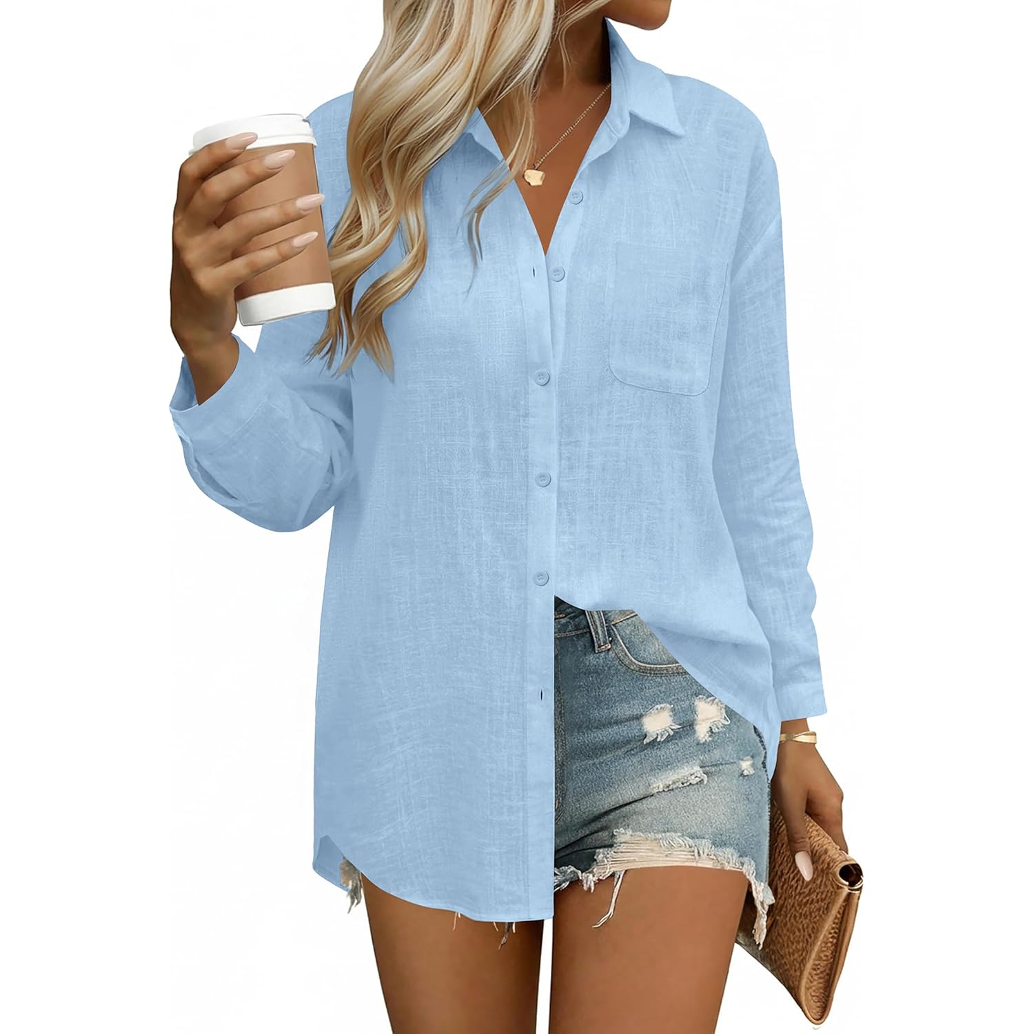 Womens Button Down Shirts Linen Cotton Long Sleeve Blouses Casual Collared Loose Fit Gauze Tops with Pocket