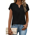 Womens Tops Dressy Casual Textured Blouses Cap Short Sleeve Shirts V Neck Button Up Summer Spring Work Tshirt Clothes
