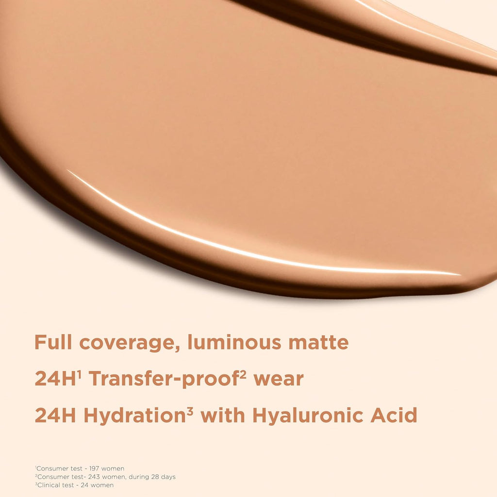 Clarins Skin Illusion Longwear Full Coverage Foundation|Luminous Matte Finish|24H Hold and 24H Hydration|Natural Looking|Transfer, Sweat and Smudge Proof| Contains Hyaluronic Acid|1 Fl Oz