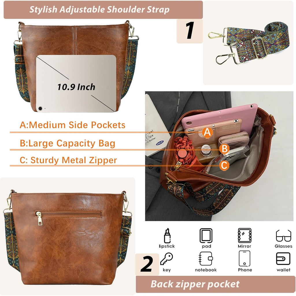 Hobo Bags Vegan Leather Crossbody Bag Guitar Strap Shoulder Purses With Zipper Handbags For Women