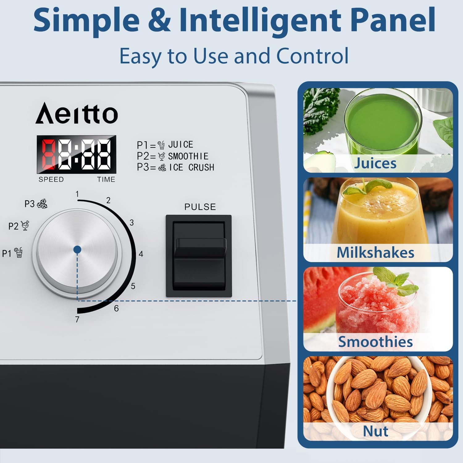 Aeitto Blenders For Kitchen With 68Oz. Jar, 1800W Max Power Smoothie Blender, 3 Preset Programs & 7 Speeds, Professional Countertop Blender For Smoothies, Ice Crush, Frozen Drinks, Silver
