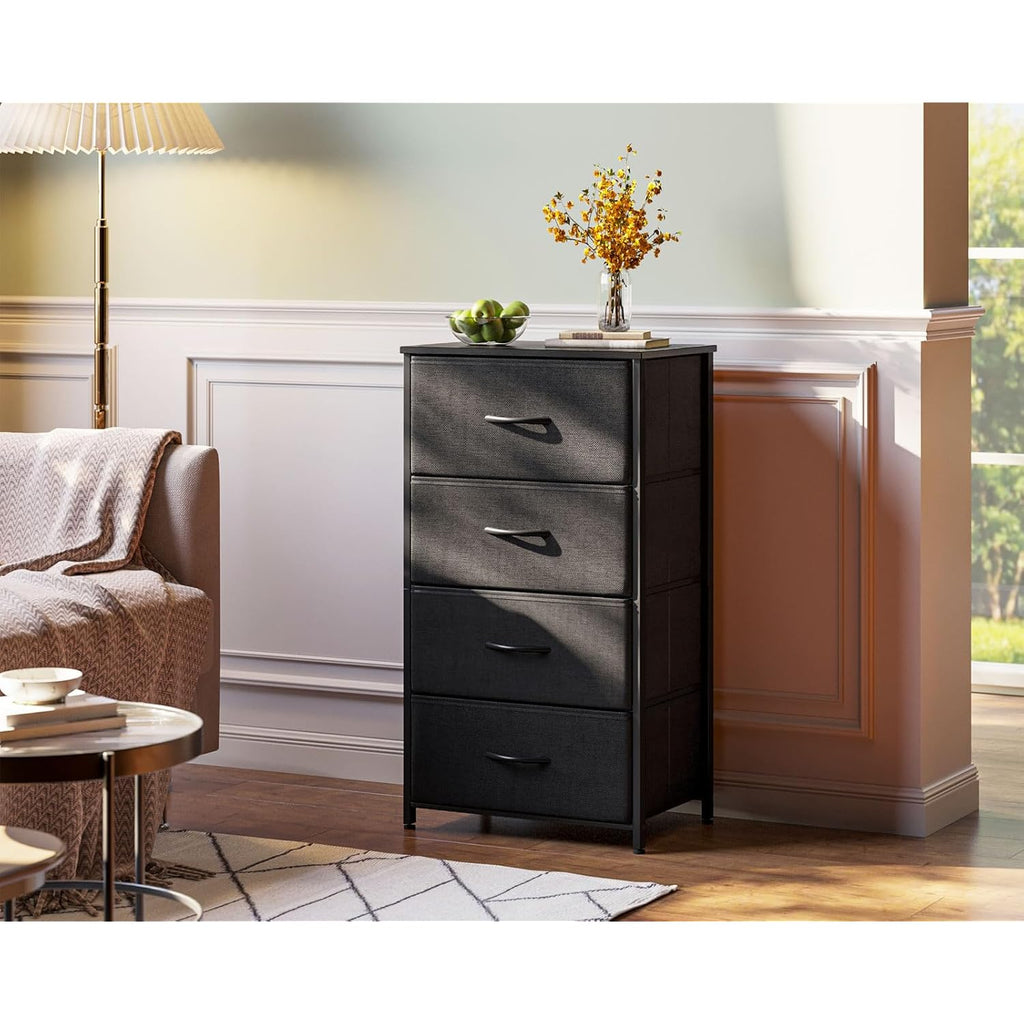 AODK Dresser for Bedroom with 4 Storage Drawers, Small Dressers Chest of Drawers Fabric Dresser with Sturdy Steel Frame, Black