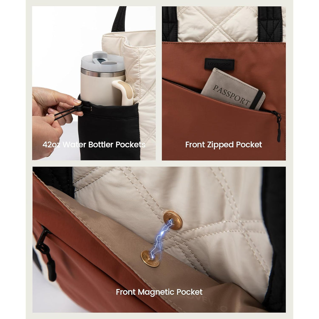 LOVEVOOK Tote Bag for Women, puffer tote bag for Work Travel Nurse, Lightweight quilted Bags with Compartments