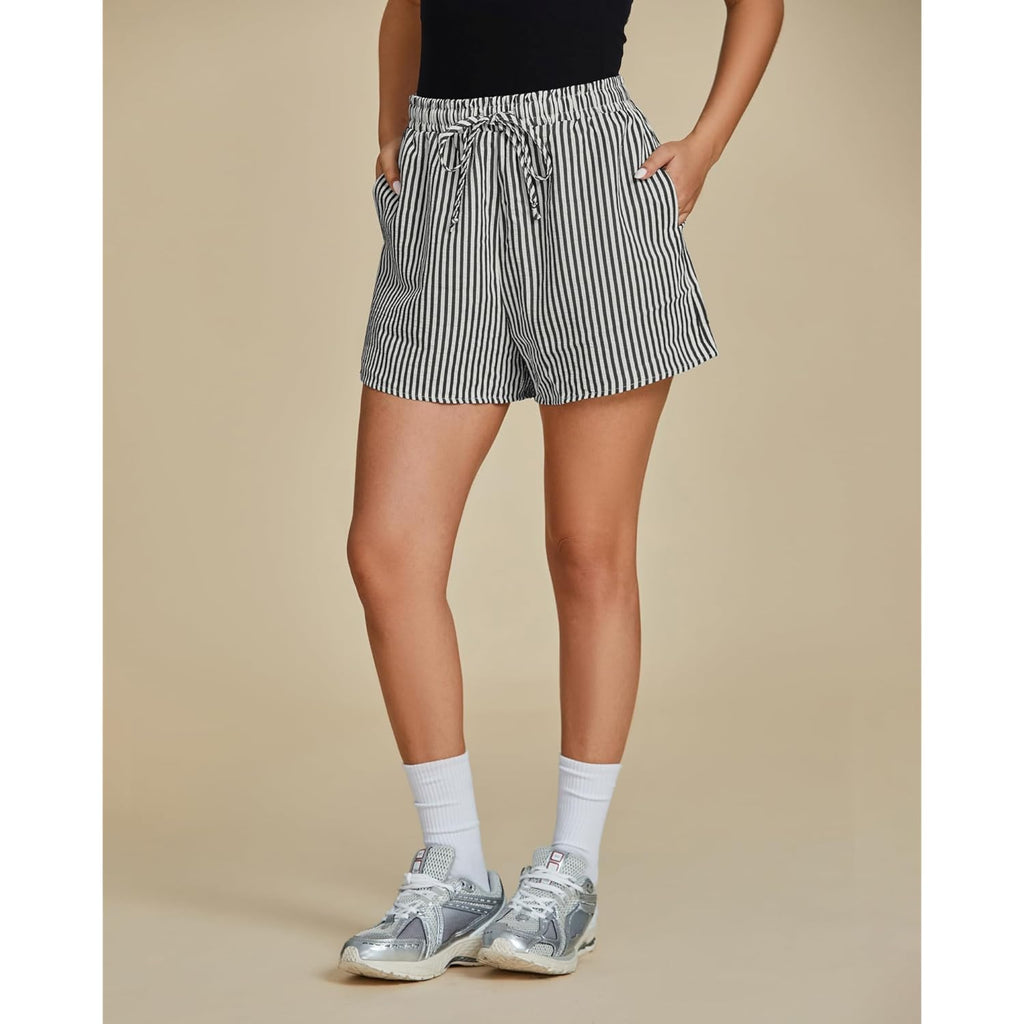 Striped Shorts for Women High Waisted Beach Casual Drawstring Pull On Elastic Waist Summer Shorts with Pockets