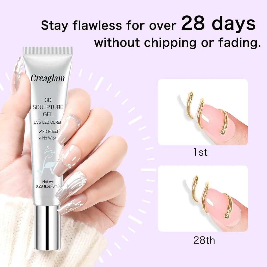 Creaglam 3D Nail Gel Art: 2pcs 16ML Sculpting Gel Nail Glue for Carving Patterns Decoration - Chrome Nail Powder and DIY Nail Charms - 4 in 1 Clear No Wipe Gel Nail Polish Rhinestone Nail Art Glue