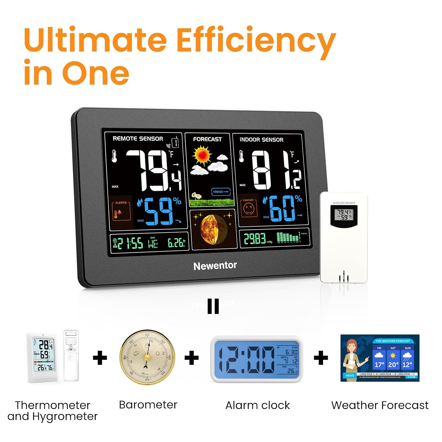 Newentor Weather Station Wireless Indoor Outdoor Thermometer, Color Display Digital Weather Thermometer With Atomic Clock, Barometric Pressure, Forecast Station With Adjustable Backlight, Black