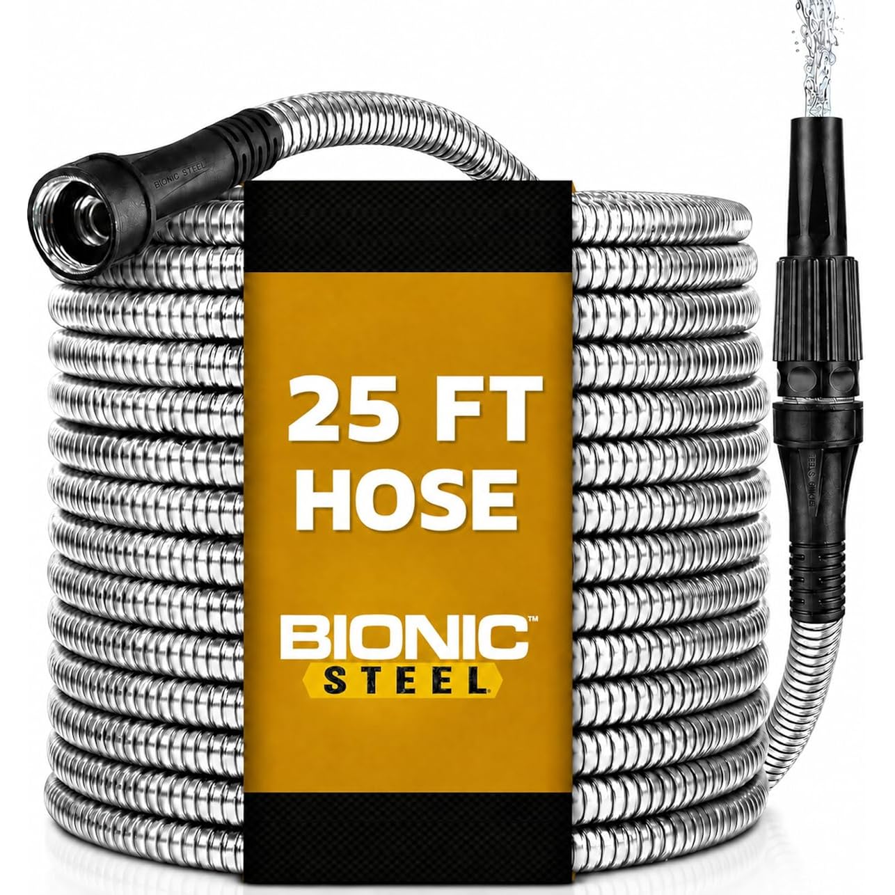 Bionic Steel 25 Ft Metal Garden Hose With Sprayer Nozzle | Non Kinking Design, Stainless Steel Heavy Duty Water Hose 25Ft X 5/8 In. Flexible & Non Expandable For Water Flow, 500 Psi