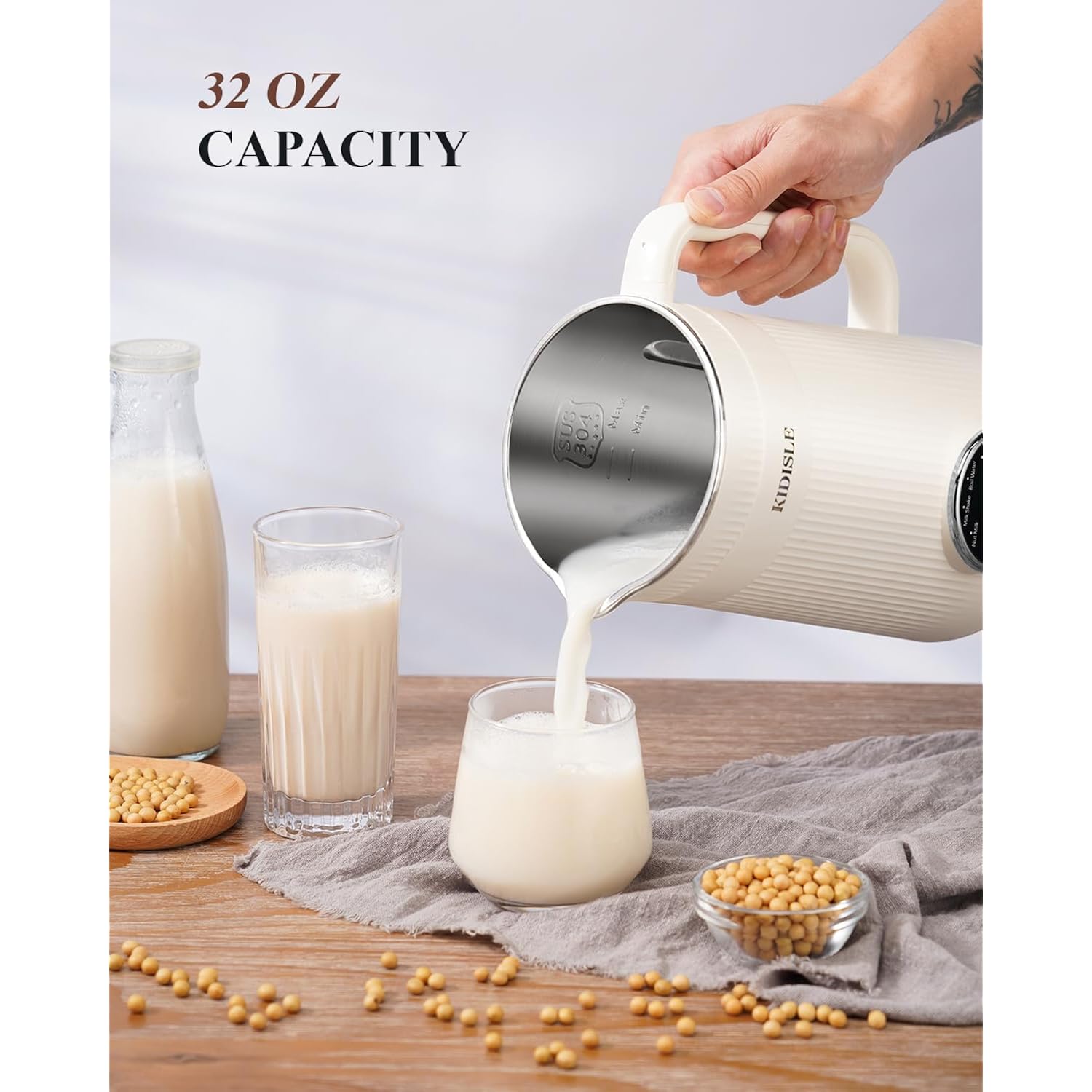 Kidisle 8 In 1 Nut Milk Maker Blender, 32Oz Homemade Soy, Almond, Oat, Coconut, Plant Based And Non Dairy Beverages, Automatic Soybean Machine With Delay Start/Keep Warm/Boil Water, Cream