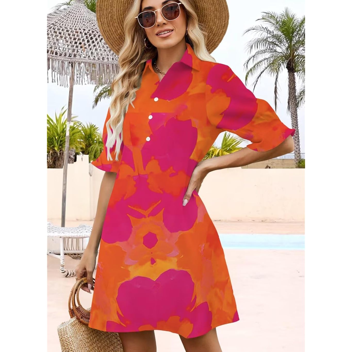 Womens Summer Shirt Dress 2026 Casual Ruffle Short Sleeve Button Down Flowy Swing Shift Mini Dresses With Pockets