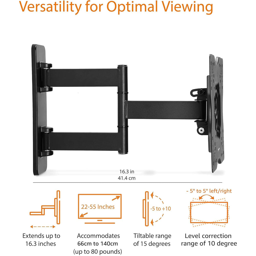 Amazon Basics Full Motion Articulating TV Wall Mount, with Swivel and Tilt, for 26" to 55" TVs and Flat Panels up to 80 Lbs, VESA Compatible, Single Stud, Black