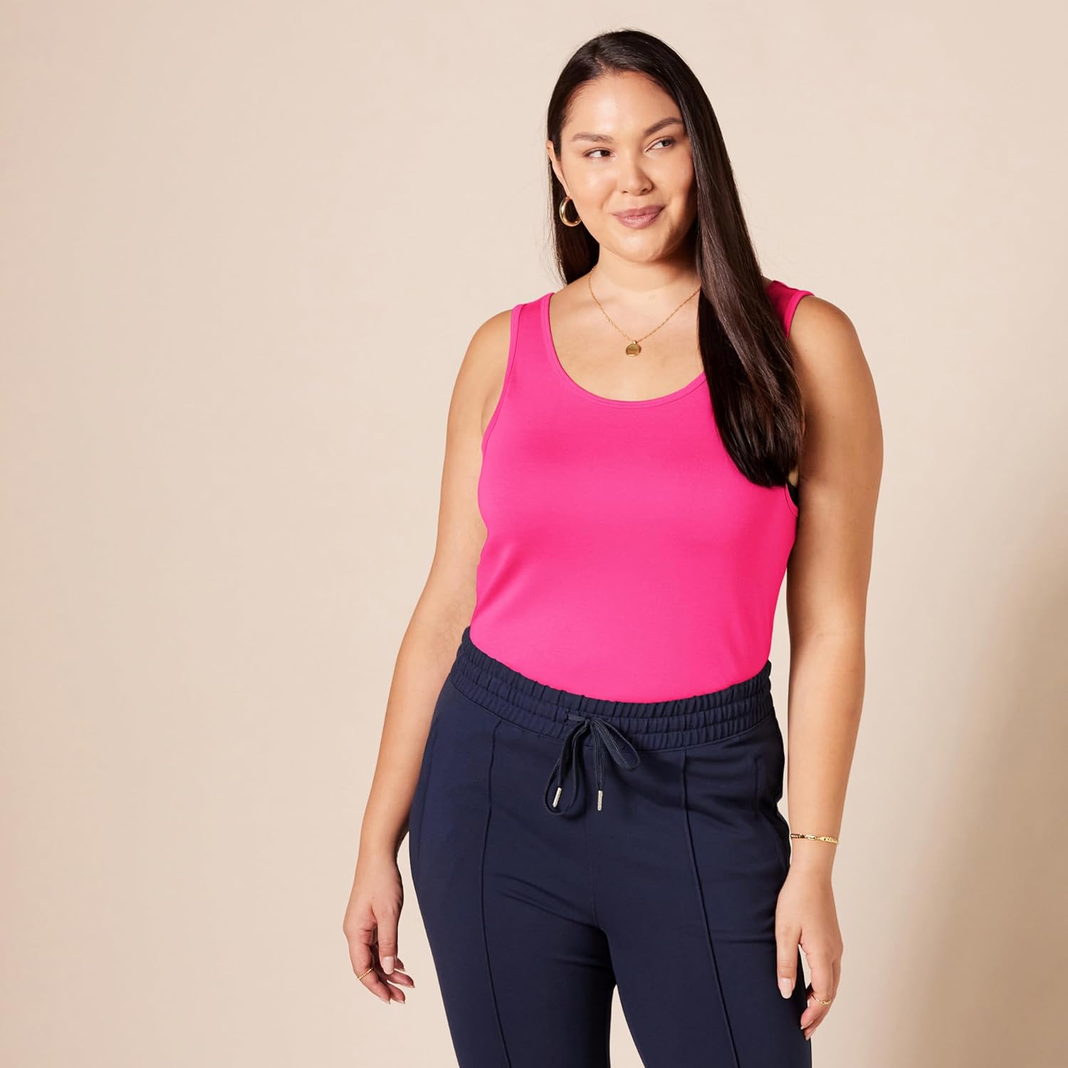 Amazon Essentials Women's Slim-Fit Scoop Neck Tank Top, Pack of 2, Bright Pink/Grey Heather, Large