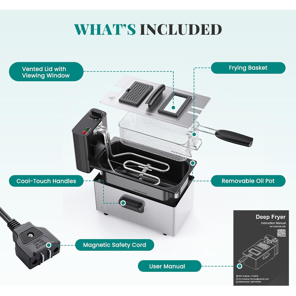 Olixis Deep Fryer For Home Use, Small Electric Fryer With 3 Liter Capacity, 1500W Power, 4 Adjustable Temp, Lid With Viewing Window For Fried Chicken, Shrimp, French Fries, Silver