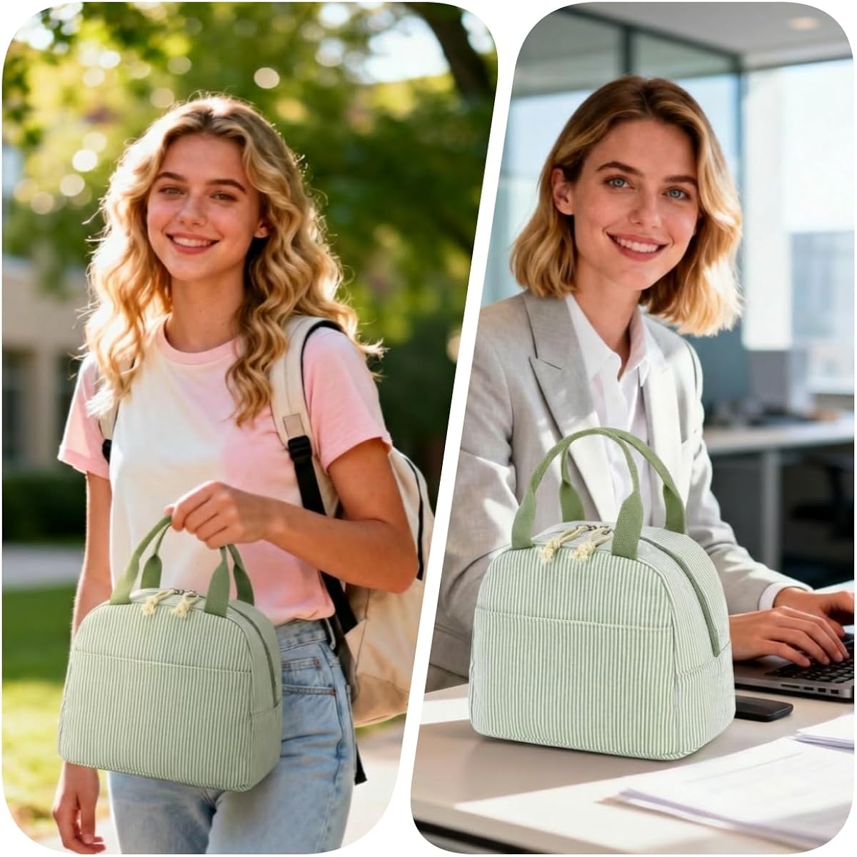 Bluboon Lunch Box For Women Cute Lunch Bag Reusable Insulated Lunch Bags Large Capacity Lunchbox Cooler For Work Picnic Or Travel Gifts (A Sage Green White Stripes, 10 X 7.5 X 8 Inches)