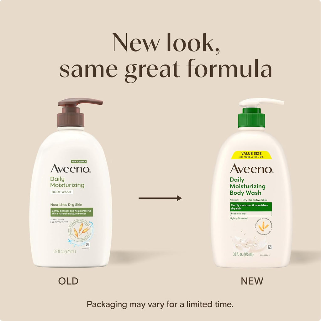 Aveeno Daily Moisturizing Body Wash For Normal To Dry Skin, Sensitive Formula With Prebiotic Oat, Gently Cleanses Dry Skin, Lightly Scented Body Wash For Women And Men, Value Size 33 Fl. Oz