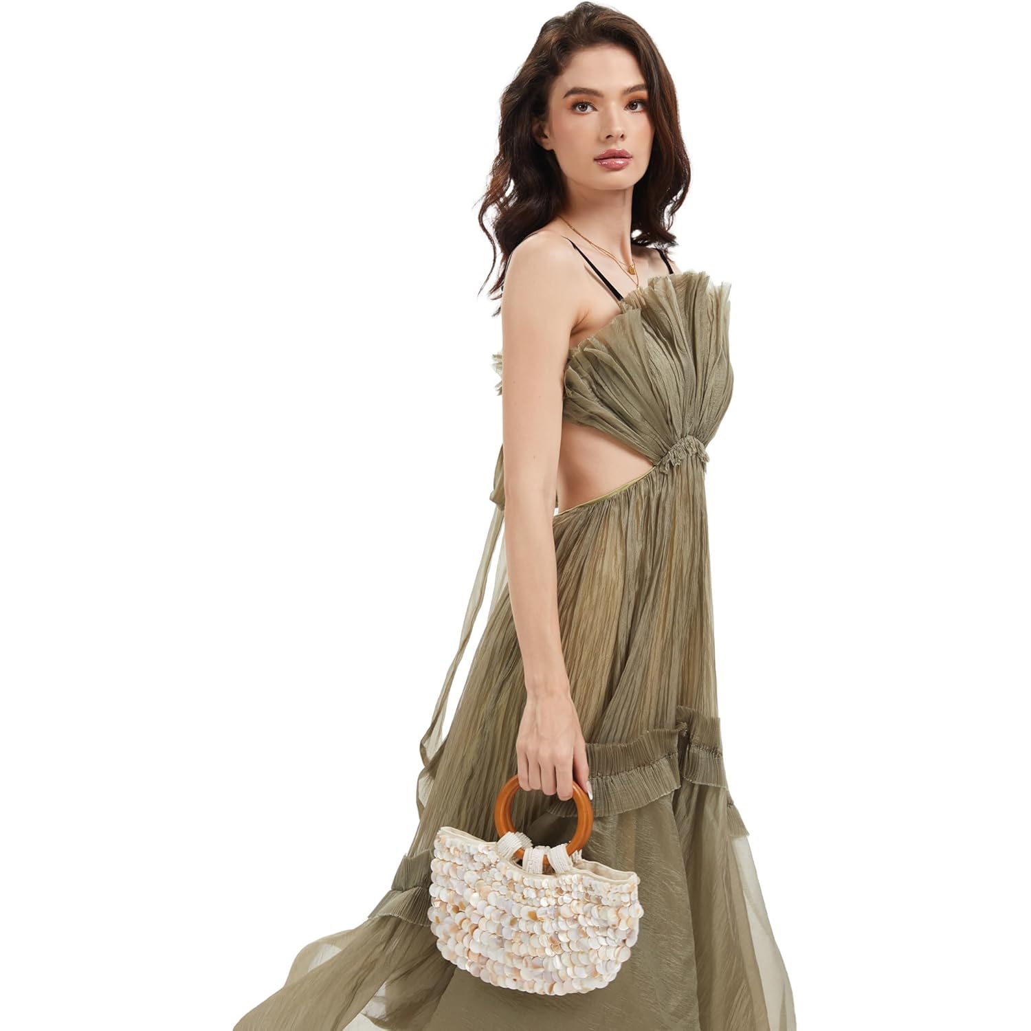 Miuco Shell Purse For Women Handmade Seashell Beaded Clutch Beach Wooden Top Handle Bag