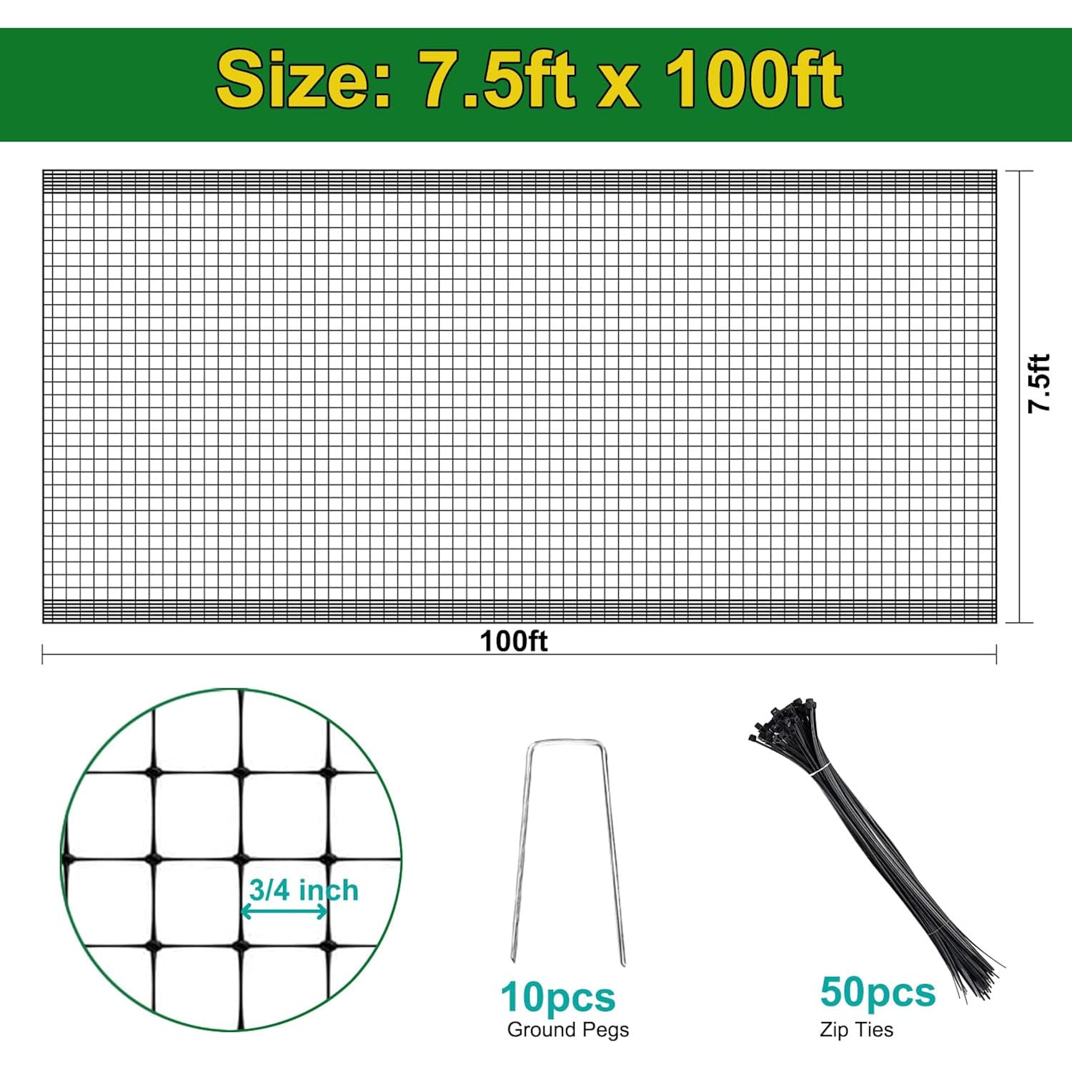 Bird Netting, 7.5 X 100 Ft Heavy Garden Netting Deer Netting For Protect Fruit Trees, Plants And Vegetables Against Birds, Deer, Squirrels And Other Animals
