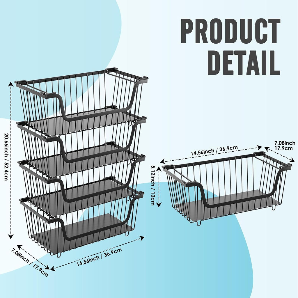 4 Pcs Stackable Wire Baskets For Pantry Organizers And Storage,Vegetable Fruit Basket For Countertop,Kitchen Storage Metal Baskets,Produce Potato Onion Storage Bin-Black