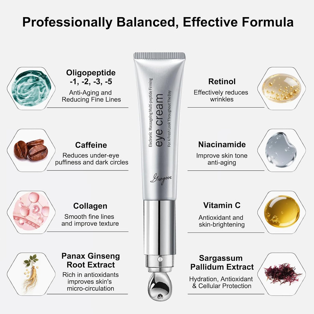 Multi-Peptide & Retinol Eye Cream,Electric Massage Eye Cream With Caffeine,Niacinamide,Vitamin C & For Dark Circles, Puffiness Puffy Bags & Wrinkles ，Anti-Aging Eye Cream For Fine Lines, 0.7 Fl.Oz