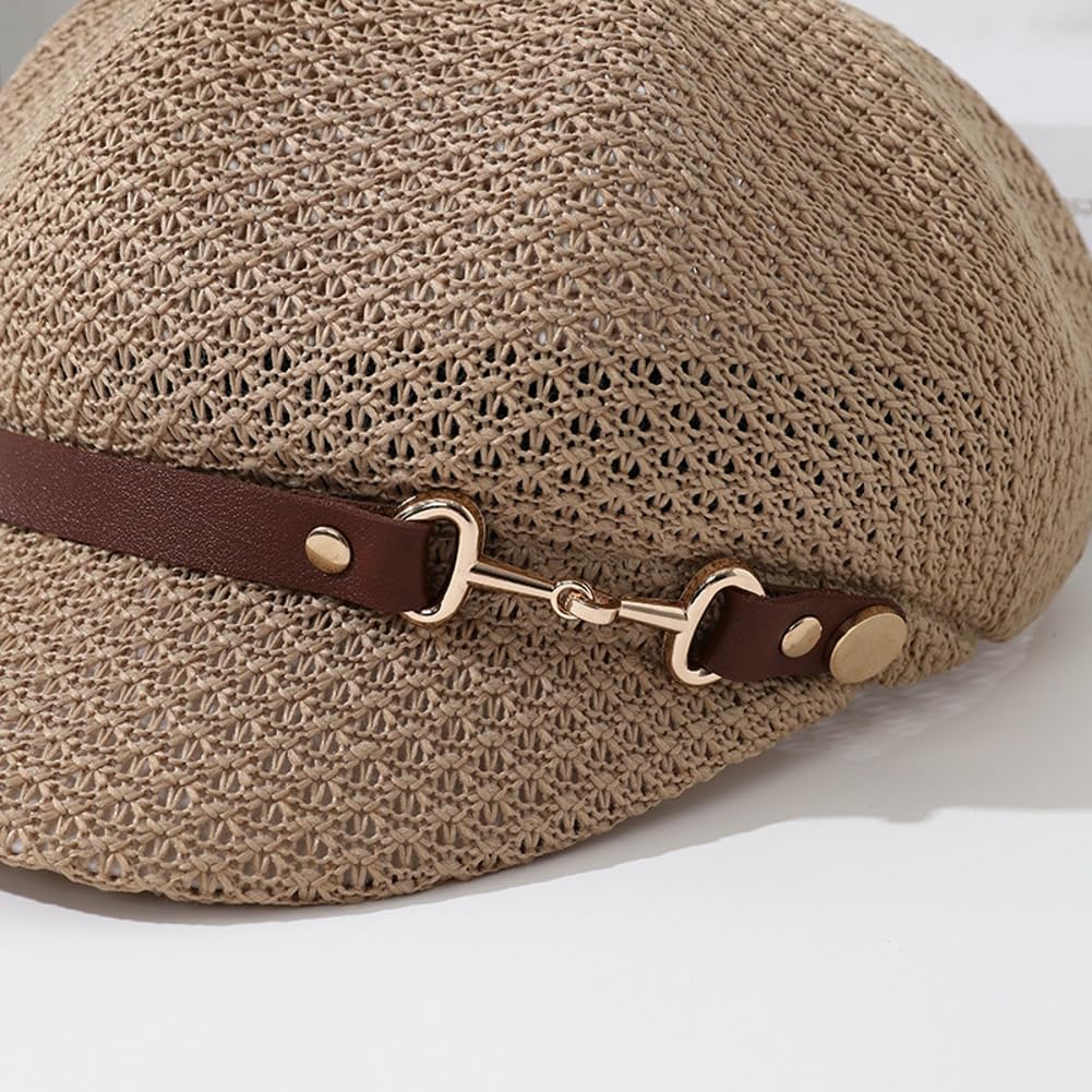 Molodo Womens Summer Breathable Newsboy Hat Lightweight Short Brim Cap with Decorative Strap for Casual Outdoor Style Khaki
