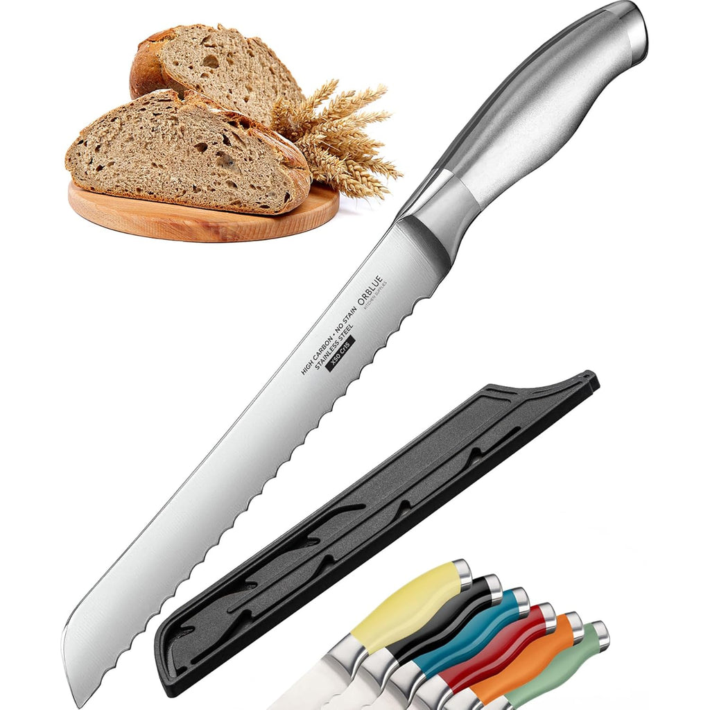 Orblue Serrated Bread Knife with Upgraded Stainless Steel Razor Sharp Wavy Edge - Bread Cutter Ideal for Slicing Homemade Bagels, Cake (8-Inch Blade with 5-Inch Handle)