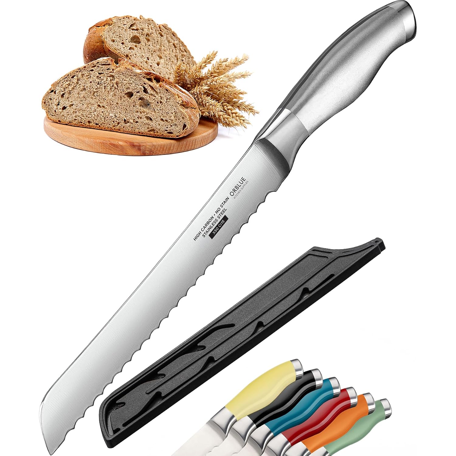 Orblue Serrated Bread Knife With Upgraded Stainless Steel Razor Sharp Wavy Edge - Bread Cutter Ideal For Slicing Homemade Bagels, Cake (8-Inch Blade With 5-Inch Handle)