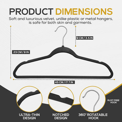 50 Pack New Premium Quality Velvet Hangers Ultra Thin Non Slip Adult Felt Space Saving Hangers For Closet Heavy Duty Coat Pants Jackets Dress Hangers 360° Swivel Hook Hold Upto 10 Lbs Black