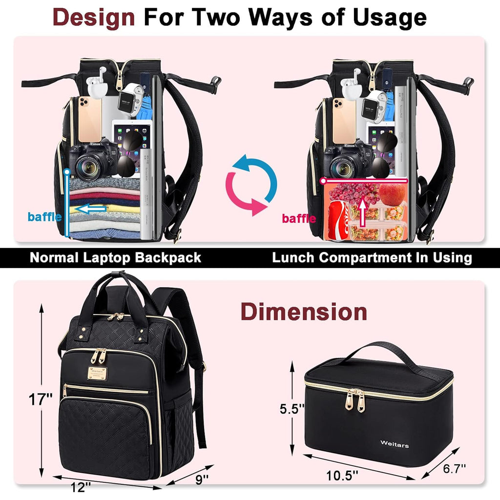 Lunch Backpack For Women,15.6 Inch Laptop Backpacks For Womens Back Pack, Travel Backpacks,Work Backpack For Women (Black)