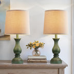 Farmhouse Table Lamps Set Of 2 - Rustic Lamp For Bedroom Living Room, 22" Boho Bedside Lamps For Night Stands End Table Office Desk Lamp Nightstand With Linen Shades(Antique Green)