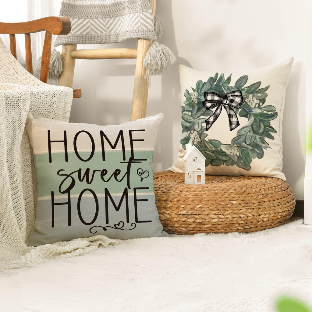 AVOIN colorlife Fall Sweet Home Eucalyptus Lamb Ear Wreath Throw Pillow Covers, 18 x 18 Inch Bless Our Home Buffalo Plaid Cushion Case for Sofa Couch Set of 4