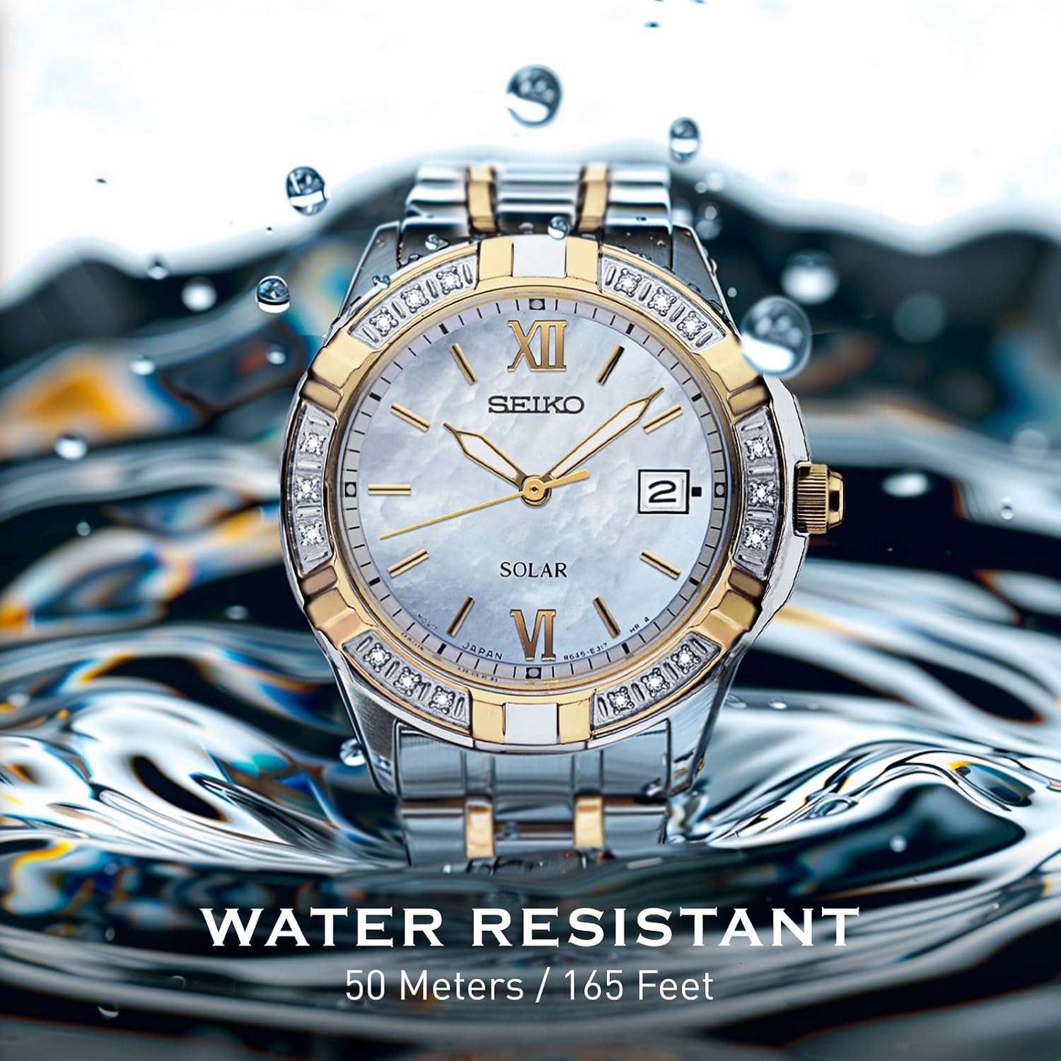 Seiko Sut068 Watch For Women - Diamond Collection - With 18 Diamond Accents, Solar Power, Mother-Of-Pearl Dial, Two-Tone Gold Stainless Steel Case & Bracelet, And Water-Resistant To 50M