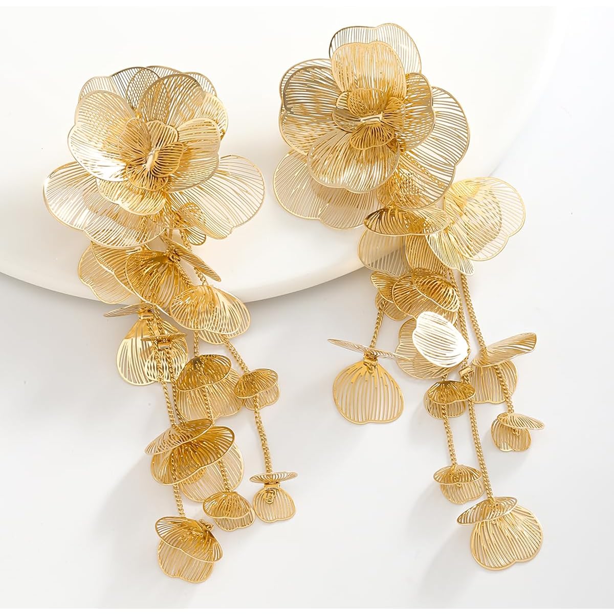 Gold Silver Filigree Floral Dangle Earrings for Women, Long Drop Statement Earrings for Vintage Wedding Jewelry