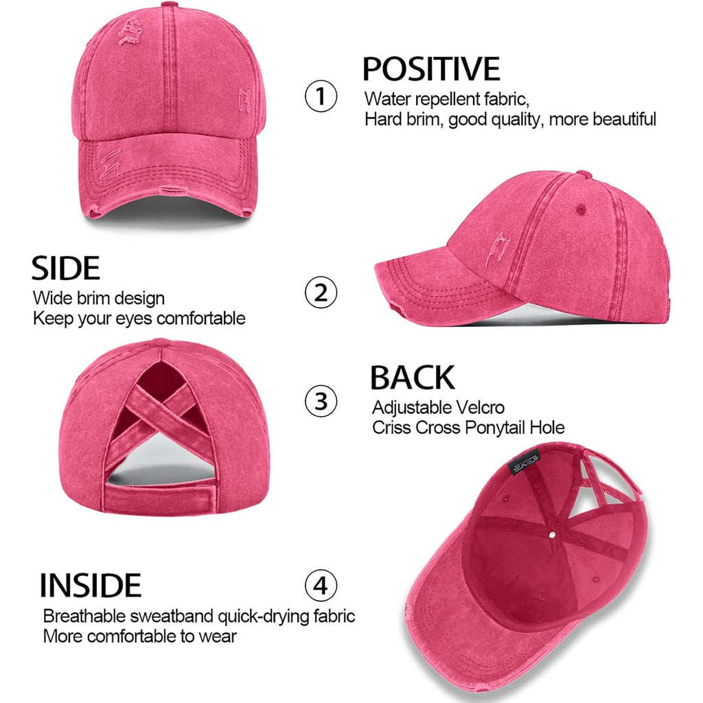 Enwokran Women Ponytail Hat Baseball Cap, Adjustable Criss Cross Messy Buns Ponycaps High Bun Cotton Distressed Hats