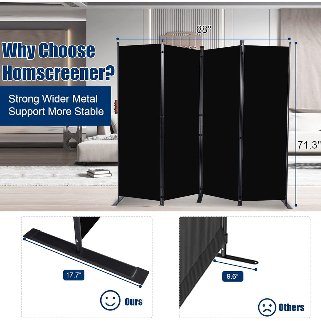 Room Divider 6Ft Portable Room Dividers And Folding Privacy Screens, Fabric Divider For Room Separation, Partition Room Dividers Freestanding Wall Divider Screen Studio (Black, 4 Panel-88'')