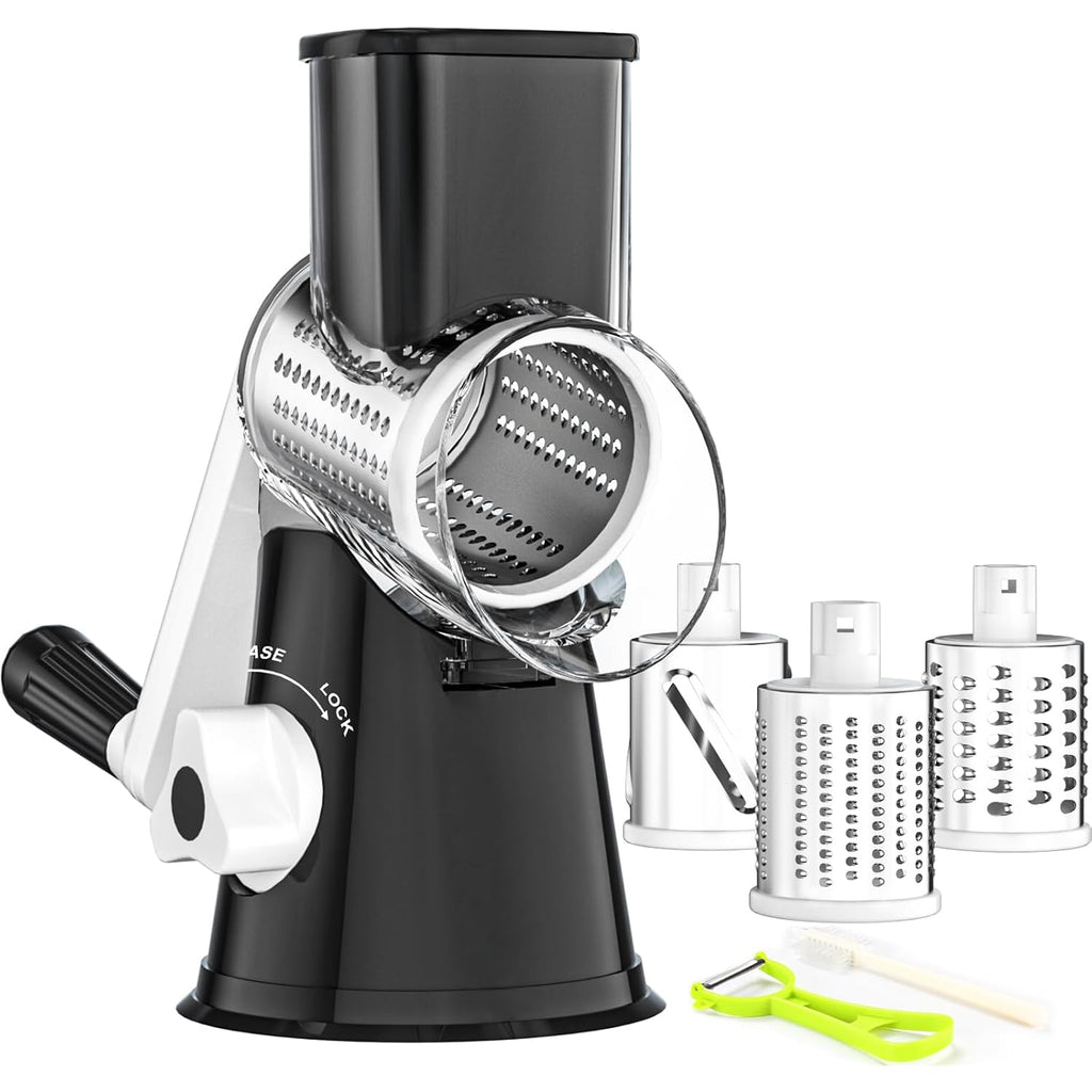 Ourokhome Rotary Cheese Grater Hand Crank, Kitchen Shredder Speed Mandolin Slicer Nuts Grinder With Handle And Drum Blades For Cheese, Vegetable, Walnut, Chocolate, Potato, Carrot, 3 Blades, Black