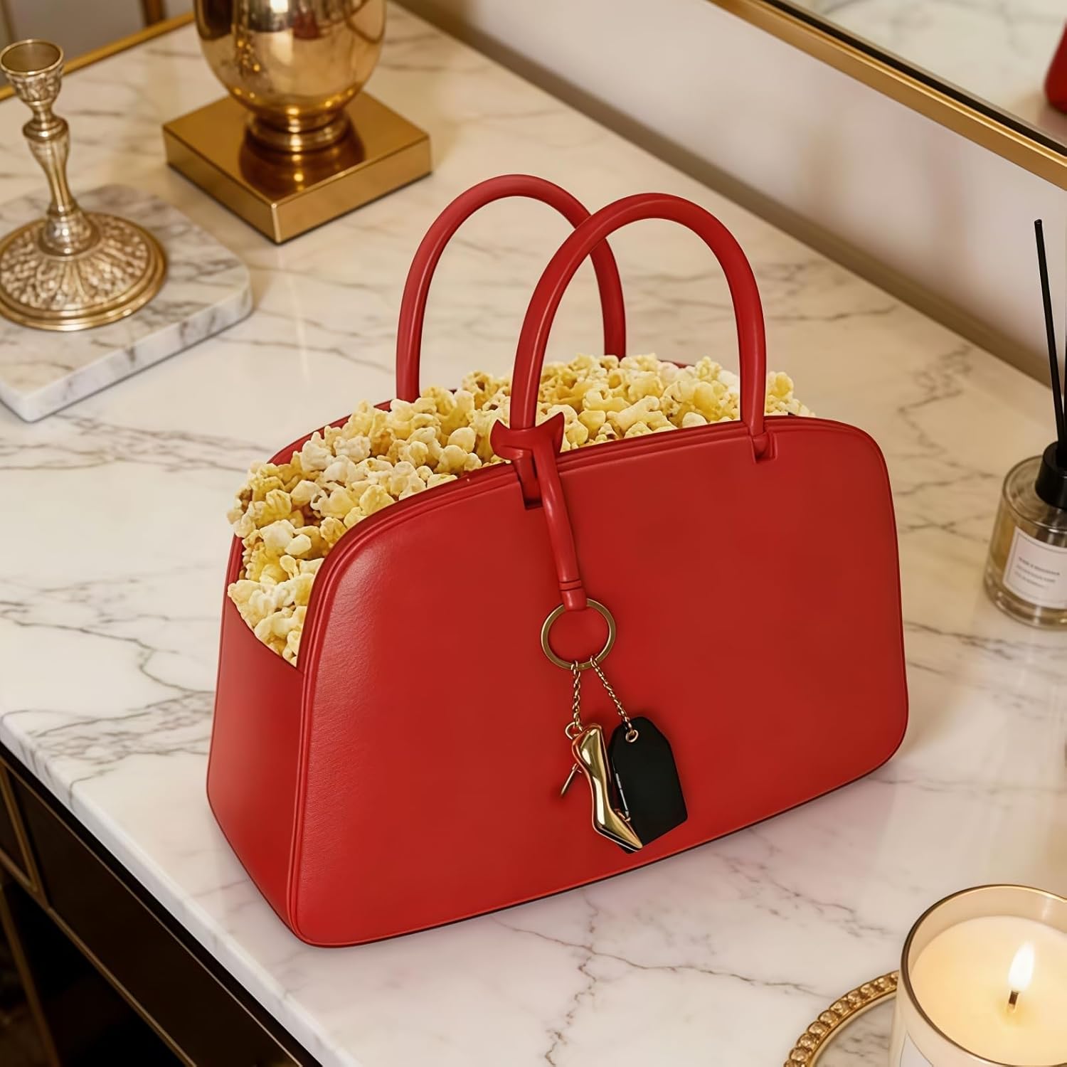 Leather Red Popcorn Bag, Fashion Handbag Style Top Handle Snack Container, for Party, Pool, Travel