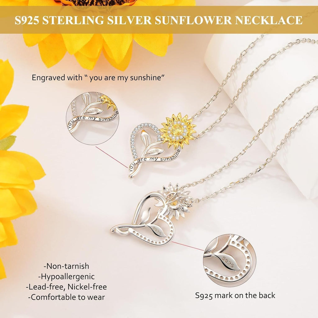 Meeshi Mothers Day Gifts for Wife - 18K Gold Plated Sunflower Necklaces for Women Gifts for Wife Birthday Anniversary, 925 Sterling Silver Women's Jewelry You Are My Sunshine Gift for Mom Daughter